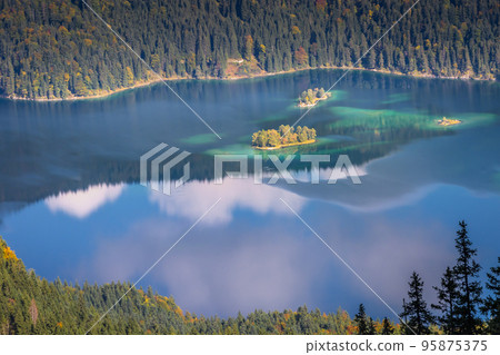 Eibsee in Bavaria at the German Alps from above at springtime, Germany 95875375
