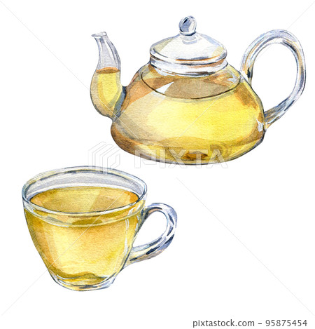 Set of glass transparent teapot and cup watercolor illustration isolated on white background. Set of glass transparent teapot and cup watercolor illustration isolated on white background. 95875454