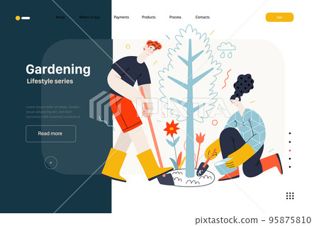 Lifestyle website template - Gardening - modern flat vector illustration of a man and a woman digging and fertilizing a tree. Planting and care gardening activity. People activities concept Lifestyle website template - Gardening - modern flat vector illustration of a man and a woman digging and fertilizing a tree. Planting and care gardening activity. People activities concept 95875810