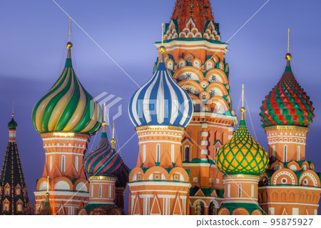 . Basil's Cathedral close-up at dramatic dawn, red square, Moscow, Russia 95875927