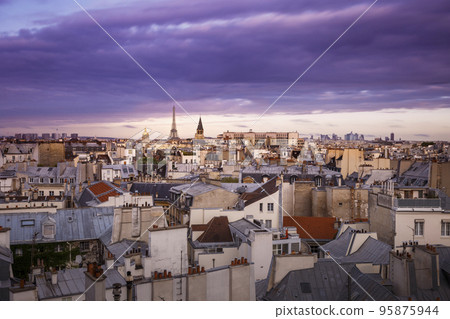 Eiffel Tower and Invalides in Paris Skyline at dramatic evening, France Eiffel Tower and Invalides in Paris Skyline at dramatic evening, France 95875944