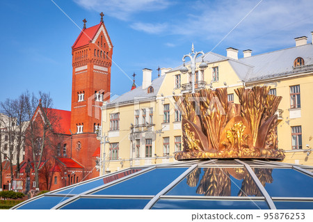 Red Church and fountain on the Independence Square, Minsk, Belarus Red Church and fountain on the Independence Square, Minsk, Belarus 95876253