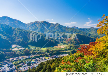 (Yamagata Prefecture) Mt. Hoshu Risshakuji (Yamadera) in autumn, overlooking the town of Yamadera from Okunoin (Yamagata Prefecture) Mt. Hoshu Risshakuji (Yamadera) in autumn, overlooking the town of Yamadera from Okunoin 95877336