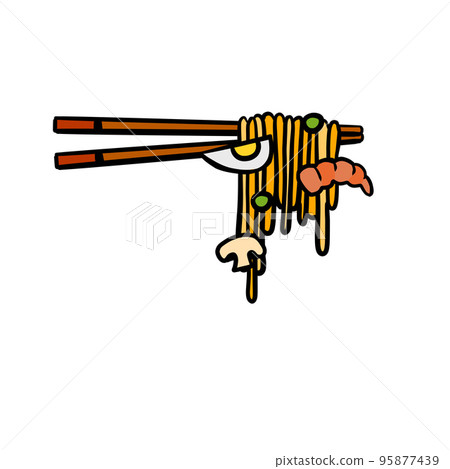 Ramen noodles and wooden sticks. Chopsticks with long pasta. Asian Japanese and Chinese food. Shrimp, egg and shiitake mushroom topping 95877439