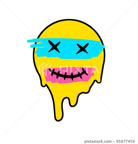 Acid smile face. Melted rave and techno symbol of 90s. Pink brush stroke. Acid smile face. Melted rave and techno symbol of 90s. Pink brush stroke. 95877459