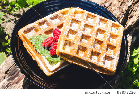 Morning breakfast. Belgian waffles with raspberries in sunlight. 95878226