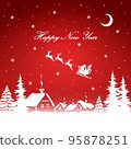 Santa Claus and gifts in sleigh with reindeer pulling the sleigh on rural background. Vector illustration. 95878251