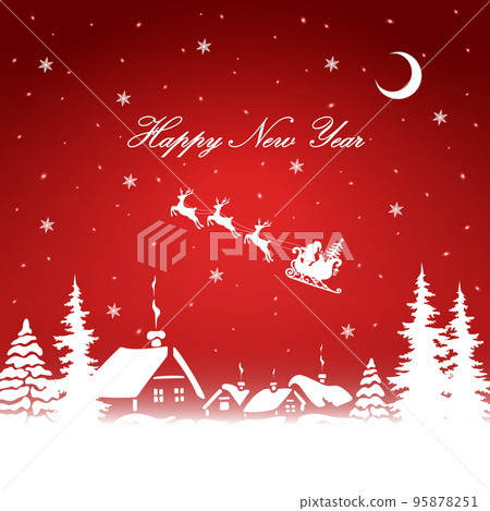 Santa Claus and gifts in sleigh with reindeer pulling the sleigh on rural background. Vector illustration. Santa Claus and gifts in sleigh with reindeer pulling the sleigh on rural background. Vector illustration. 95878251