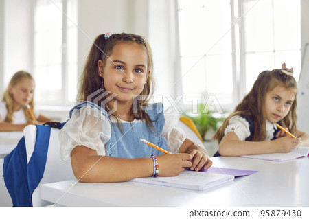 Portrait of a happy beautiful little schoolgirl sitting at her desk in the classroom 95879430