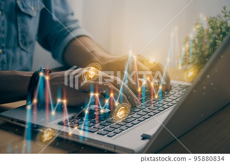 Casual Businessman Typing Laptop and Color Slant Currency Stock Bar Chart or Graph Trend in Vintage Tone 95880834