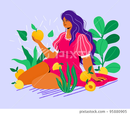 Girl with peaches - colorful flat design style illustration 95880905