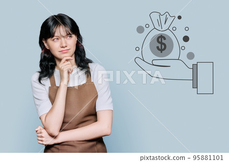 Puzzled young woman staff in apron thinking about financial profit Puzzled young woman staff in apron thinking about financial profit 95881101