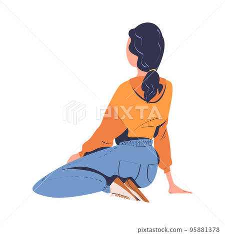 Woman Character Sitting on the Ground with Bended Legs Watching Movie in Open Air Cinema Vector Illustration Woman Character Sitting on the Ground with Bended Legs Watching Movie in Open Air Cinema Vector Illustration 95881378