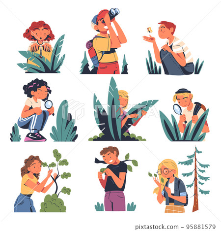 People Character Studying Nature Exploring Flora and Fauna Vector Set 95881579
