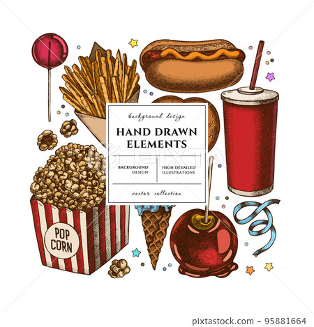 Carnival food square card or invitation design. Frame design with french fries, pretzel, popcorn, lemonade, hot dog, caramel apple, ice cream cones, lollipop, ribbons. 95881664