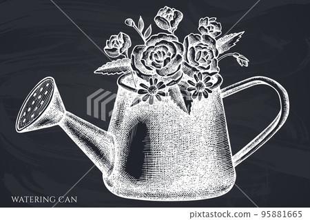 Gardening hand drawn vector illustrations collection. Chalk watering can. Gardening hand drawn vector illustrations collection. Chalk watering can. 95881665
