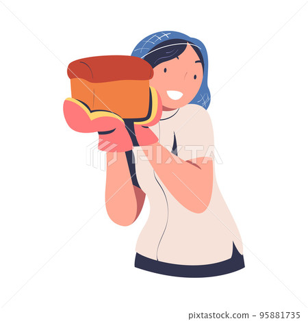 Woman Baker Holding Freshly Baked Bread with Potholder Vector Illustration 95881735