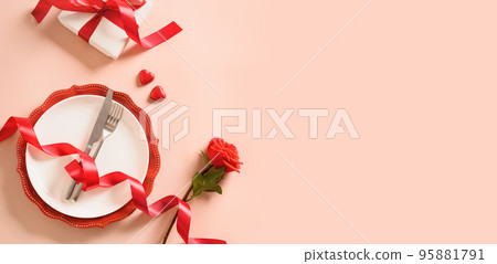 Valentines day table place setting with red rose, two hearts. Valentines day table place setting with red rose, two hearts. 95881791