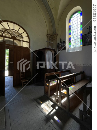 stained glass in a church wall in reims, france 95881907