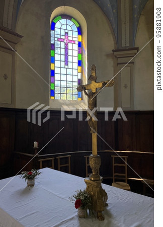 stained glass in a church wall in reims, france 95881908