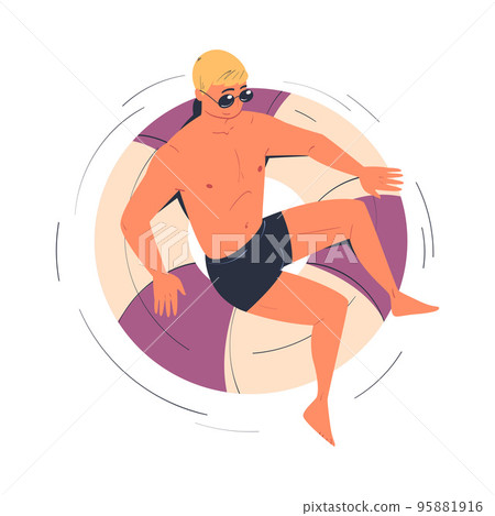 Man Character in Sunglasses Floating on Rubber Ring in Swimming Pool Vector Illustration 95881916