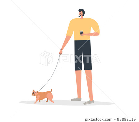 Young man walking with his cute little dog. Happy pet owner. Flat people vector illustration 95882119