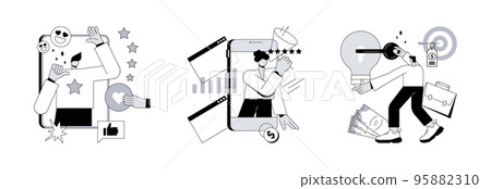 Business success abstract concept vector illustration set. Impression management, promote your business, entrepreneurship, personal brand strategy, social interaction and influence abstract metaphor. 95882310