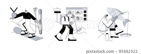 Mountain vacation abstract concept vector illustration set. Winter extreme sports, winter hiking, ice fishing, ski and snowboard equipment, travel and hobby, outdoor activity abstract metaphor. 95882322