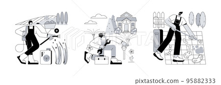 Gardening services abstract concept vector illustration set. Grass fertilizer, lawn watering system, power washing, garden hose, soil nutrients, pop-up sprinkler, dust and mold abstract metaphor. Gardening services abstract concept vector illustration set. Grass fertilizer, lawn watering system, power washing, garden hose, soil nutrients, pop-up sprinkler, dust and mold abstract metaphor. 95882333