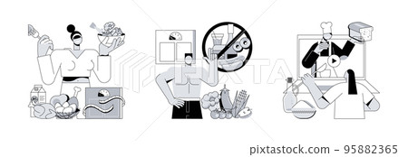 Food and nutrition tips abstract concept vector illustration set. Keep a healthy diet, weight loss, online cooking tutorial, meal plan, drink water, home chef, food blogger recipe abstract metaphor. Food and nutrition tips abstract concept vector illustration set. Keep a healthy diet, weight loss, online cooking tutorial, meal plan, drink water, home chef, food blogger recipe abstract metaphor. 95882365