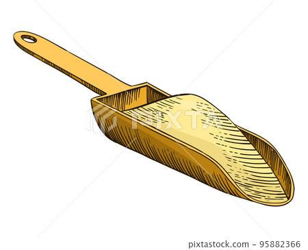 Cane sugar. Product from sugarcane plant. Engraving hand drawn natural organic food or natural ingredient. Fresh sugar pours out of a measuring spoon 95882366