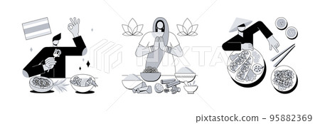 Oriental cuisine abstract concept vector illustration set. Thai, Indian and Vietnamese cuisine, spicy taste, asian recipe, homemade curry, vegetarian menu, spring roll, noodle abstract metaphor. 95882369