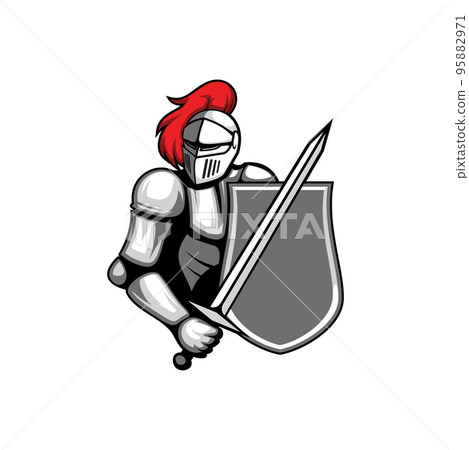 Mascot of medieval knight isolated warrior with red feathers in helmet with sword and shield. Vector old european warrior statue, man in metal iron costume. Noble Templar hero, coat of arms sign 95882971