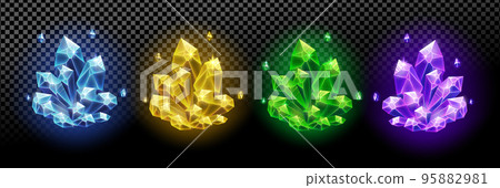 Colorful magic shiny crystals resources set isolated on a transparent background, game design, vector illustration. Colorful magic shiny crystals resources set isolated on a transparent background, game design, vector illustration. 95882981