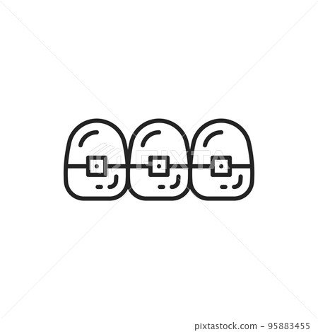 Teeth with braces isolated outline icon. Vector metal, lingual, clear aligners brackets. Aesthetic, orthodontics, dental care concept. Perfect smile, braces on tooth, ceramic clear brackets Teeth with braces isolated outline icon. Vector metal, lingual, clear aligners brackets. Aesthetic, orthodontics, dental care concept. Perfect smile, braces on tooth, ceramic clear brackets 95883455