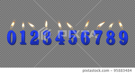Vector 3d Realistic Paraffin or Wax Burning Blue Birthday Party Candles, Numbers and Different Flame of a Candle Icon Set Isolated. Design Template, Clipart, Birthday Concept. Top View Vector 3d Realistic Paraffin or Wax Burning Blue Birthday Party Candles, Numbers and Different Flame of a Candle Icon Set Isolated. Design Template, Clipart, Birthday Concept. Top View 95883484