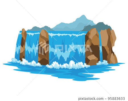 Cartoon river cascade waterfall. Landscape with mountains and trees. Design element for travel brochure or illustration mobile game. Fresh natural water 95883633