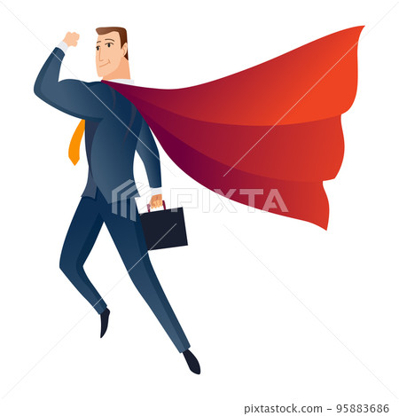 Businessman superhero character. Office worker or manager in costume and red fluttering cloak cape. Cartoon powerful man in spectacular action pose superhero. Vector isolated on white background 95883686