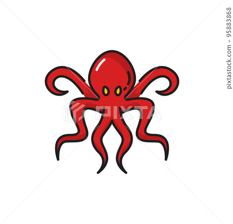 Retro octopus eight-limbed mollusc isolated marine animal symbol of piracy. Vector red soft bodied octopus, seafood emblem. Fishing sport trophy mascot, Octopoda marine animal with tentacles suckers 95883868