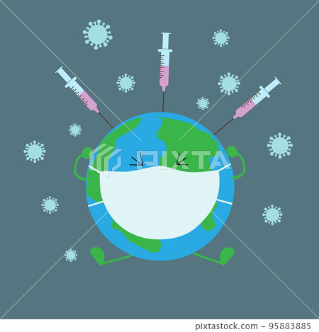 A planet in a medical mask is injected with syringes with a vaccine. A planet in a medical mask is injected with syringes with a vaccine. 95883885