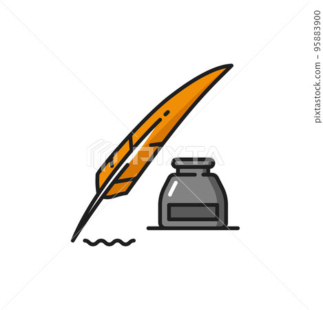 Notary, justice and legal service icon of inkwell and quill feather, vector isolated symbol. Lawyer and legal attorney office or notarial firm emblem with quill and ink bottle for notary service Notary, justice and legal service icon of inkwell and quill feather, vector isolated symbol. Lawyer and legal attorney office or notarial firm emblem with quill and ink bottle for notary service 95883900