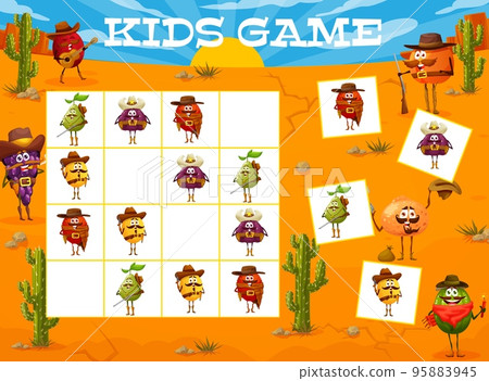 Sudoku kids game of cartoon cowboy, ranger and bandit fruit characters. Vector block puzzle worksheet with Wild West quiz of Western lychee, melon, fig and pear, watermelon and grapes in Texas desert Sudoku kids game of cartoon cowboy, ranger and bandit fruit characters. Vector block puzzle worksheet with Wild West quiz of Western lychee, melon, fig and pear, watermelon and grapes in Texas desert 95883945