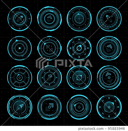 Hud compass or aim control target panel. Ui interface, navigation future interface screen, cyber target aim viewfinder or dashboard vector HUD frame. Sci-Fi radars, compass control panel displays set Hud compass or aim control target panel. Ui interface, navigation future interface screen, cyber target aim viewfinder or dashboard vector HUD frame. Sci-Fi radars, compass control panel displays set 95883946