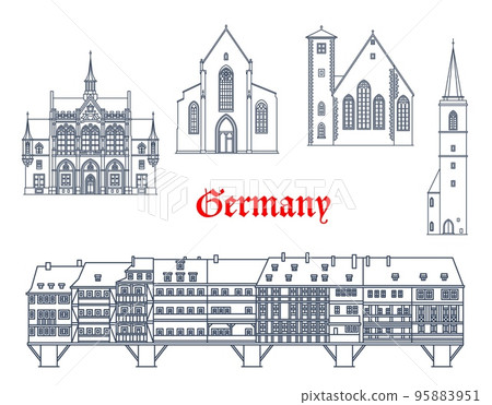 Germany, Erfurt city buildings and Thuringia architecture vector landmarks. German famous buildings of Michaelskirche St Michael church, All Saints Allerheiligenkirche, Kramerbrucke medieval bridge 95883951