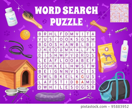 Dog and puppy pet care accessories on word search puzzle game worksheet. Kids quiz grid, logical test or child educational puzzle, vector playing activity with dog pet toys, food and grooming tools 95883952