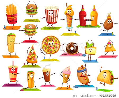 Cartoon fast food characters on yoga fitness sport. Vector french fries, burger, pop corn, cocktail and burrito, pizza, donut, cake and ice cream, tacos, coffee or soda drink, nachos or hot dog 95883956