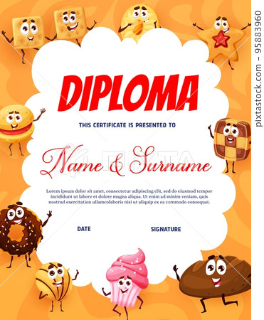 Kids diploma bakery, pastry, cakes and cookies personages. Cartoon vector school or kindergarten certificate with funny characters donut, muffin, shortbread, rye bread and crackers sweets 95883960