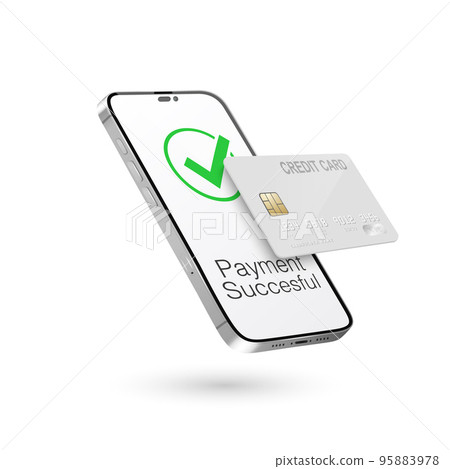 Vector 3d Realistic Smartphone, Credit Card, Wi-Fi Successful Payment. Concept of Payment for Purchases by Card, Online Shopping. Design Template, Bank POS Terminal, Mockup. Processing NFC Device 95883978