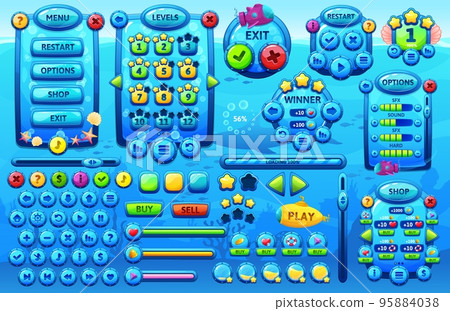 Underwater ocean game interface, cartoon sea GUI elements, vector UI game asset. Underwater game menu option buttons and submarine arcade controls, navigation arrows, GUI props and user play assets Underwater ocean game interface, cartoon sea GUI elements, vector UI game asset. Underwater game menu option buttons and submarine arcade controls, navigation arrows, GUI props and user play assets 95884038