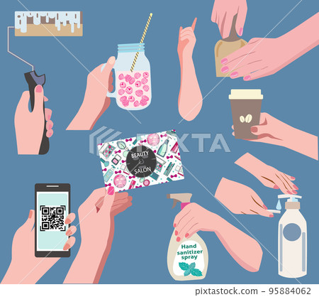 hands holding various objects and supplies. hands holding various objects and supplies. 95884062